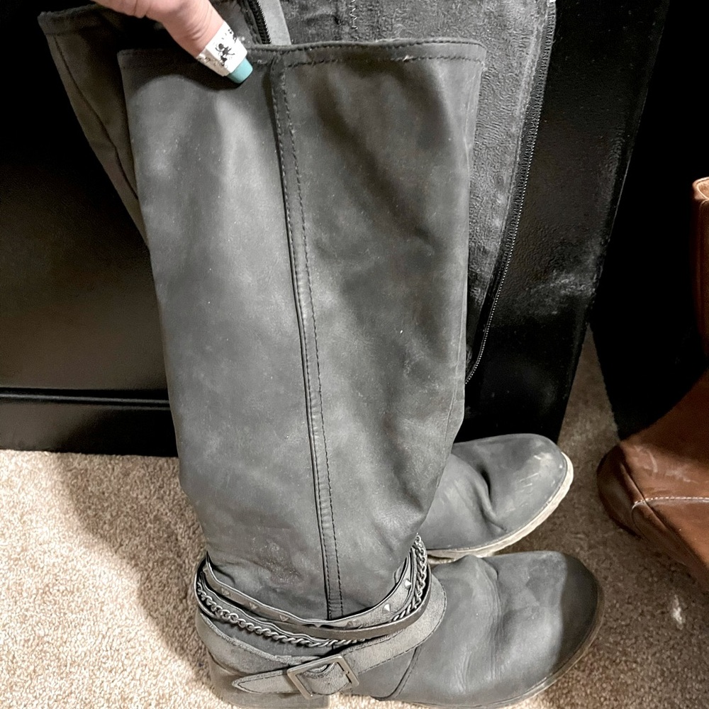 Grey knee high boots